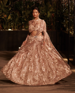 Jigar and Nikita Beige Embroidered Lehenga with Attached Drape Dupatta
